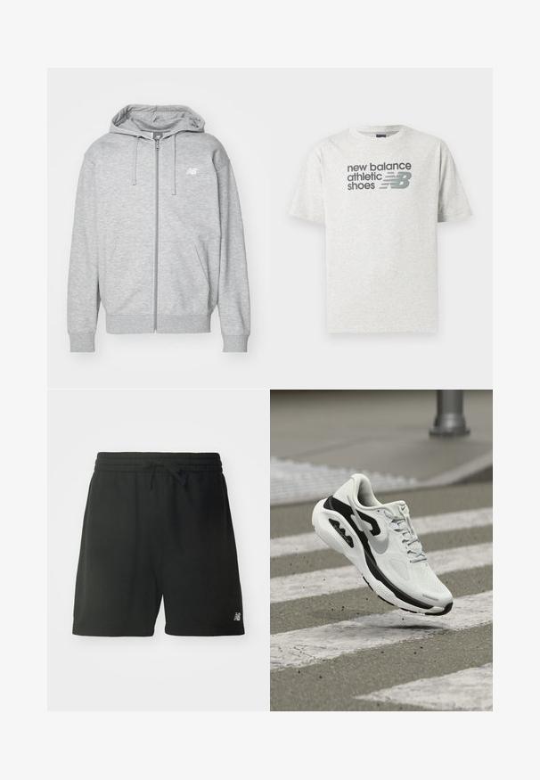Svetlo šedá mikina na zips s kapucňou, so sťahovacími šnúrkami, dvoma prednými vreckami, rebrovanými manžetami a lemom, a malým bielym logom New Balance na hrudi.; Svetlosivé tričko s krátkym rukávom s nápisom "new balance athletic shoes" a štýlovým logom "NB" v tmavosivej farbe na hrudi.; Čierne bavlnené atletické šortky s elastickým pásom, nastaviteľnou šnúrkou a logom na dolnej ľavej nohe. Hladká textúra.; Bielo-čierna bežecká obuv Nike ZoomX vznášajúca sa nad priechodom pre chodcov, strhávajúca malé kúsky štrku.