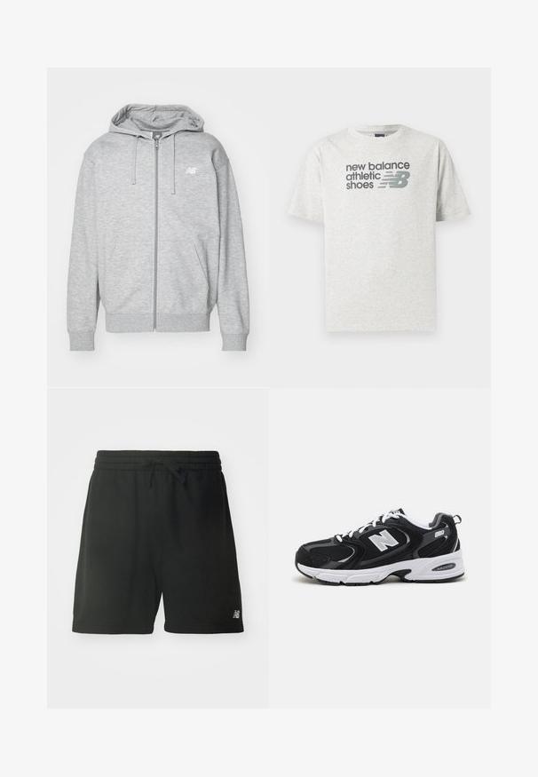 Lys grå fuld-zip hættetrøje med snore, to forlommer, ribstrikkede manchetter og kant, samt lille hvidt New Balance-logo på brystet.; Lysegrå T-shirt med korte ærmer med teksten "new balance athletic shoes" og en stiliseret "NB" logo i mørkegrå på brystet.; Sorte bomulds sportsbukser med elastisk talje, justerbar snøre og logo detajle på nederste venstre ben. Glat tekstur.; Sorte og grå sportssko med mesh og ruskind på overdelen, der har en hvid mellemsål, snørebånd og et iøjnefaldende "N" logo på siden.