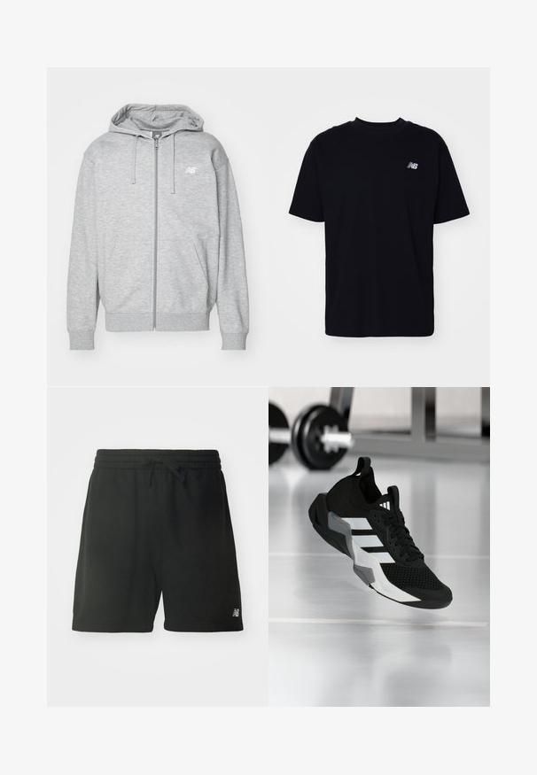 Lys grå fuld-zip hættetrøje med snore, to forlommer, ribstrikkede manchetter og kant, samt lille hvidt New Balance-logo på brystet.; Sorte bomulds T-shirt med rund hals, korte ærmer og et lille præget logo på venstre bryst. Klassisk pasform og glat tekstur.; Sorte bomulds sportsbukser med elastisk talje, justerbar snøre og logo detajle på nederste venstre ben. Glat tekstur.; Sort atletiksko med en mesh-øverdel, hvide striber og grå accenter. Har polstret krave og gummisål. Velegnet til brug i fitnesscenter.