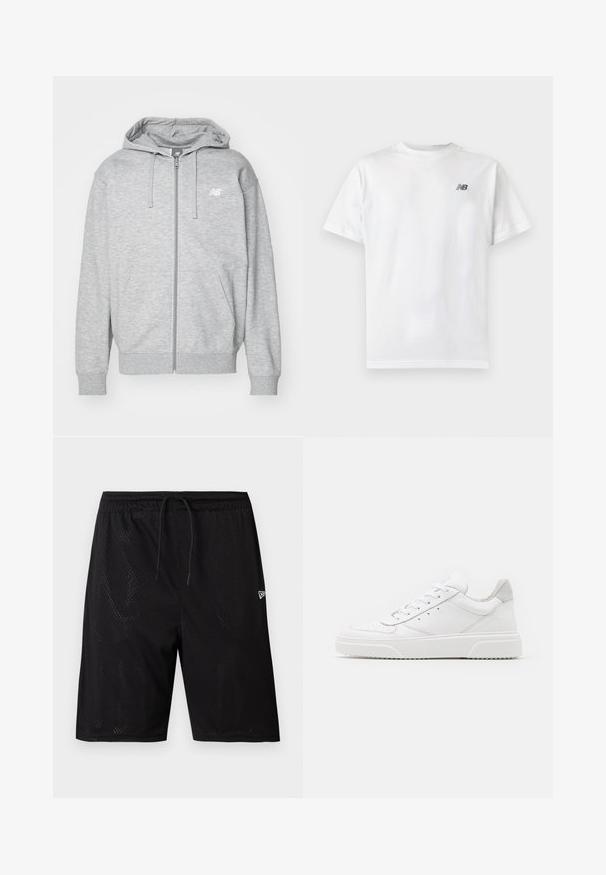 Heledane hallhõlmik heledas hallis, paeltega, kahe esipocketiga, soonikkoes varrukate ja äärega, ning väikese valge New Balance'i logoga rinnale.; Valge lühikeste varrukatega ümara kaelusega T-särk, mille vasaku rinna ülaosas on väike must New Balance'i logo, helel, ühevärvilisel taustal.; Mustad musta võrguga spordilühiärg, millel on tõmbluku jaoturiga vöökoht, auguline tekstuur ja väike valge logo paremas alanurgas.; Valged nahast spordijalatsid siledast nahast viimistlusega, ümarate varvastega, lamekestega ja tekstuuriga tallaga. Hall suede aktsent kanna juures.