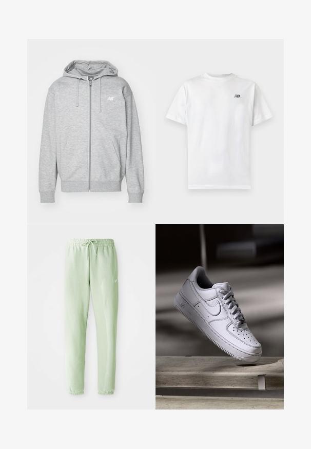 Lichtgrijze hoodie met volledige ritssluiting, verstelbare koordjes, twee voorkanten zakken, ribgebreide manchetten en zoom, en een klein wit New Balance-logo op de borst.; Witte T-shirt met korte mouwen en ronde hals met een klein zwart New Balance-logo op de linker bovenkant van de borst op een effen lichte achtergrond.; Lichtgroene sweatpants van zachte katoen, met een elastische tailleband met trekkoord en taps toelopende benen, afgewerkt met gathered boorden.; Witte Nike Air Force 1 sneaker van leer met geperforeerde neus, platte veters en een gestructureerde rubberen zool met "AIR"-logo aan de zijkant.