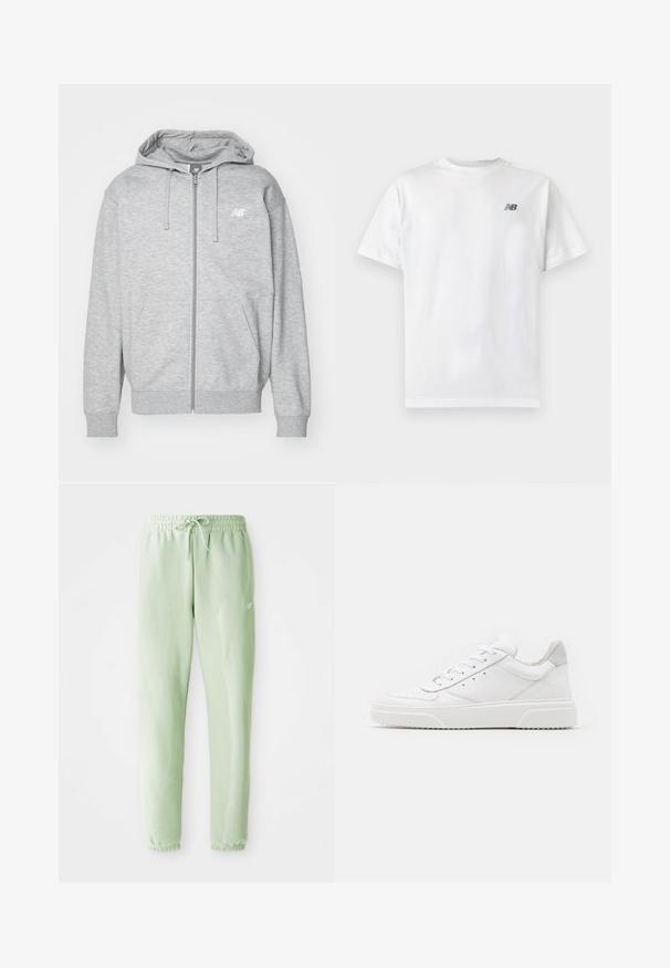 Svetlo šedá mikina na zips s kapucňou, so sťahovacími šnúrkami, dvoma prednými vreckami, rebrovanými manžetami a lemom, a malým bielym logom New Balance na hrudi.; Biele tričko s krátkym rukávom a okrúhlym výstrihom s malým čiernym logom New Balance v hornej ľavej časti hrudníka na jednofarebnom svetlom pozadí.; Svetlozelené tepláky vyrobené z mäkkého bavlneného materiálu, s elastickým pásom na šnúrku a zúženými nohavicami, dokončené sťahovacími manžetami.; Biele kožené tenisky s hladkým povrchom, zaoblenou špičkou, plochými šnúrkami a textúrovanou podrážkou. Sivý semišový akcent na päte.