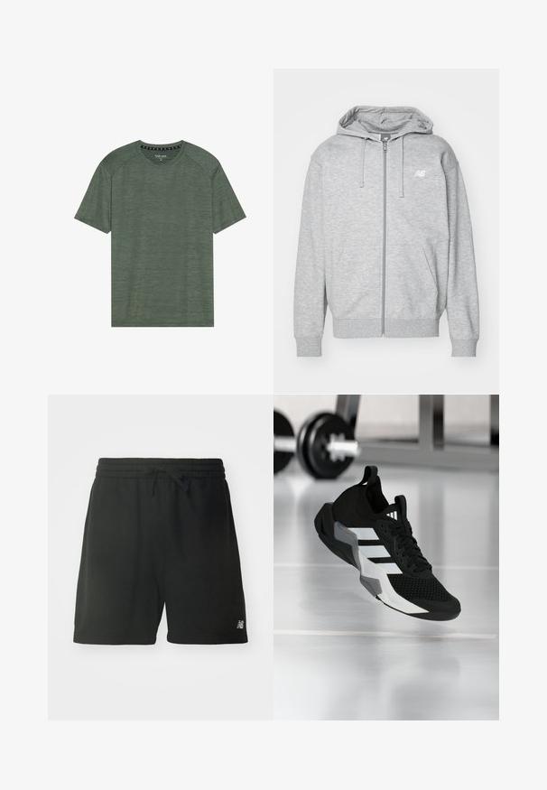 Lichtgrijze hoodie met volledige ritssluiting, verstelbare koordjes, twee voorkanten zakken, ribgebreide manchetten en zoom, en een klein wit New Balance-logo op de borst.; Groene t-shirt met korte mouwen, gemaakt van een gestructureerde stof. Heeft een ronde halslijn en iets verhoogde schoudernaden. Geen zichtbare patronen of accenten.; Zwarte katoenen sportshorts met een elastische tailleband, verstelbaar trekkoord en logodetail op het linkeronderbeen. Glad textuur.; Zwart sportief schoen met een mesh bovenwerk, witte strepen en grijze accenten. Voorzien van een gevoerde kraag en een rubberen zool. Geschikt voor gebruik in de sportschool.
