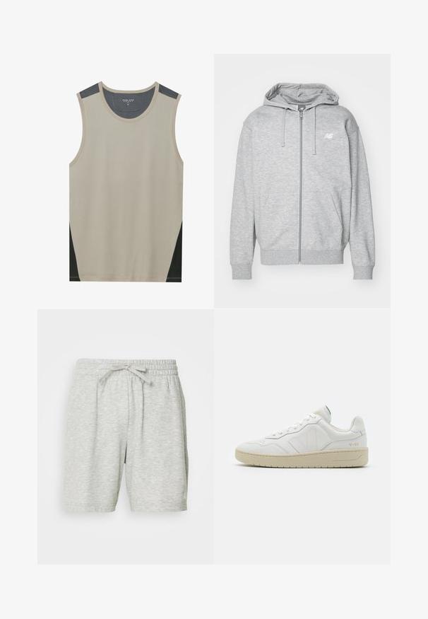 Lichtgrijze hoodie met volledige ritssluiting, verstelbare koordjes, twee voorkanten zakken, ribgebreide manchetten en zoom, en een klein wit New Balance-logo op de borst.; Beige mouwloze tanktop met donkergrijze schouderaccenten en zwarte zijpanelen. Gladde textuur met een ronde halslijn.; Lichtgrijze sportshorts gemaakt van zachte stof, met een elastische tailleband en een trekkoord voor een verstelbare pasvorm en twee zijzakken.; Witte leren sneakers met een gestructureerde afwerking en een gevoerde kraag. Voorzien van een beige rubberen zool en subtiele branding op de hiel en zijkant.