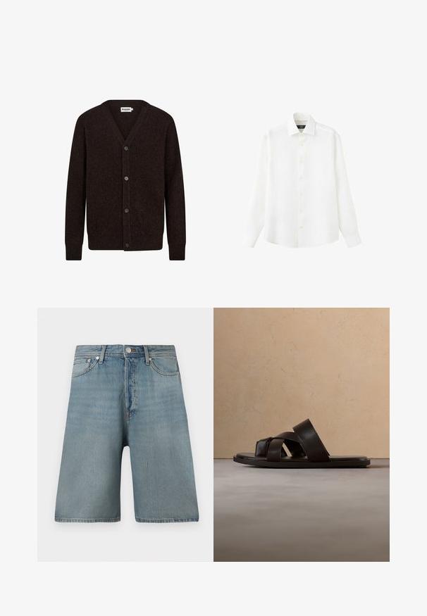 Brun strikket cardigan med V-hals, fem knaplukninger, ribbet struktur og lange ærmer. Materialet virker varmt og tykt.; Langærmet hvid skjorte med knapper, krave og manchetter, vist fladt mod en hvid baggrund.; Lyseblå denimshorts med en løs pasform, fem lommer og en traditionel knaplukning, med slidte pletter for et brugt udseende.; Sort lædersandal med tre krydsede stropper, flad sål og glat tekstur, hængende over et vævet naturskinds tæppe.