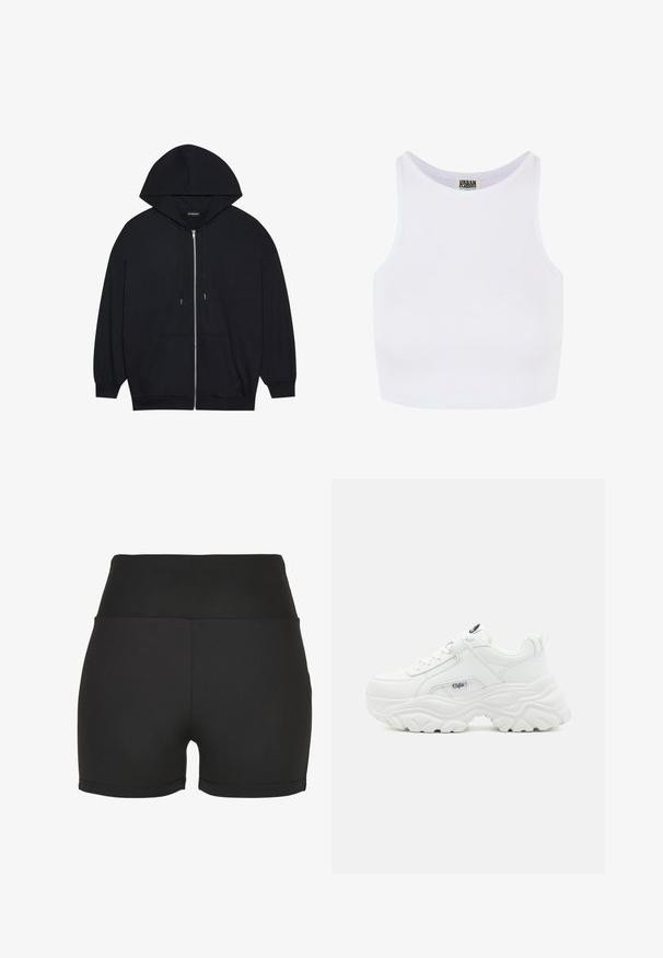 Sudadera con cremallera negra, con una capucha grande, mangas largas y dos bolsillos frontales. Fabricada en un material suave con una textura lisa.; Top corto blanco de canalé con tirantes anchos y escote redondo. Presenta una textura suave y un diseño minimalista sin patrones.; Shorts atléticos negros de talle alto, fabricados con un material elegante y elástico. Presentan costuras suaves y un diseño ajustado, ideales para ropa deportiva.; Zapatillas blancas voluminosas con parte superior de piel lisa, punta redonda y suela gruesa texturizada con un logo de la marca visible en el lateral.