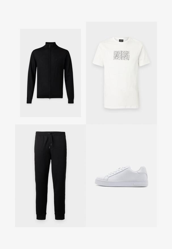 Jersey negro de manga larga con cremallera, cuello alto y logo sutil en el pecho izquierdo sobre un fondo claro y liso.; Camiseta blanca de manga corta con cuello redondo y un gráfico abstracto en blanco y negro que muestra las letras "A" y "X" superpuestas en el centro del pecho.; Pantalones de chándal negros hechos de una tela suave con cintura elástica y cordón. Presenta perneras ajustadas con puños acanalados.; Zapatilla de cuero blanca con una textura suave, puntera redonda, cierre de cordones en la parte delantera y suela de goma plana. Presenta un logo en relieve en el talón.