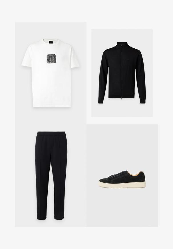 Zwarte lange mouwen sweater met rits, hoge kraag en subtiel logo op de linkerborst tegen een effen lichte achtergrond.; Witte t-shirt met korte mouwen met een kleine zwarte vierkante grafiek met witte stippen en de tekst "Armani Exchange" op de borst.; Zwarte, op maat gemaakte broek met elastische tailleband, voorste plooiendetail en rechte pijpen tegen een lichtgrijze achtergrond.; Zwarte suède sneakers met een laag ontwerp, bijpassende veters, een crèmekleurige rubberen zool met textuur en een minimalistische silhouet.