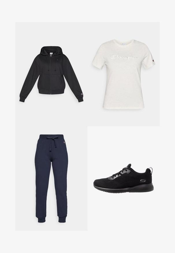 Sort lynlåstrøje med hætte og snørre, forlommer, ribstrikkede manchetter samt et lille logo på bryst og ærme. Blød stoftekstur.; Hvid bomulds t-shirt med korte ærmer, rund hals og broderet "Champion"-logo i en kontrasterende tekstur på fronten.; Mørkeblå sweatpants lavet af en bomulds-blanding, med snor i taljen, ribbede manchetter og et lille logo på hoften.; Sorte atletiske sko med en tekstureret strikket overdel, snørelukning, polstret krave og en yderst dæmpet gummisål med rillede detaljer.