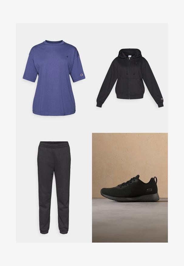 Sort lynlåstrøje med hætte og snørre, forlommer, ribstrikkede manchetter samt et lille logo på bryst og ærme. Blød stoftekstur.; Lilla bomulds T-shirt med rund hals og korte ærmer, med et lille logo på brystet og et logo patch på ærmet.; Mørkegrå joggingbukser med snøre i taljen, tilspidsede ben og elastiske manchetter. Fremstillet af et blødt, tekstureret stof.; Sorte sportsko med tekstureret overdel, rund tå og snørebånd. Har en polstret sål og en løkke i hælen for nem påtagning.