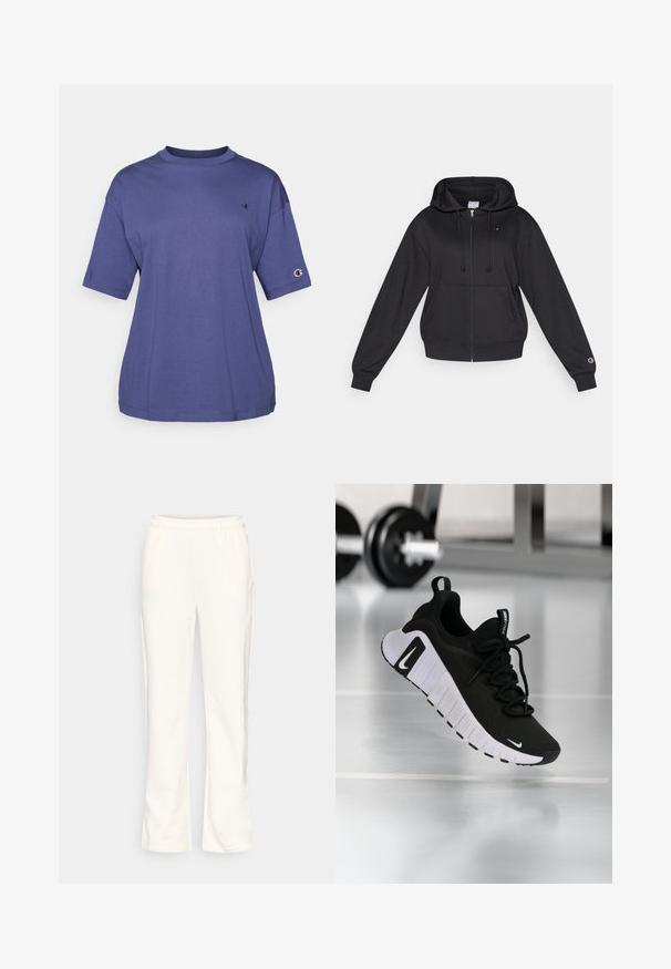 Sort lynlåstrøje med hætte og snørre, forlommer, ribstrikkede manchetter samt et lille logo på bryst og ærme. Blød stoftekstur.; Lilla bomulds T-shirt med rund hals og korte ærmer, med et lille logo på brystet og et logo patch på ærmet.; Kremfarvede joggingbukser med elastisk linning, lige ben, blød tekstur og sidelommer. Ingen synlige mønstre eller detaljer.; Sort atletiksko med en tekstureret stofoverdel, hvid sål og fremtrædende snøresystem. Indeholder en Nike-logo og et blødt, polstret design.