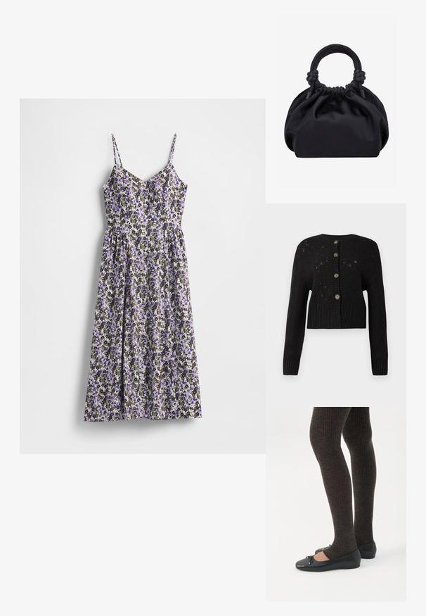 Cardigan noir court avec un motif tricoté texturé, doté d'un ourlet côtelé et de cinq boutons ronds marron sur le devant.; Robe fleurie avec bretelles fines ajustables, présentant un petit motif de fleurs violettes et noires sur un fond clair, tissu fluide, silhouette trapèze.; Jambes portant des leggings côtelés foncés associés à des ballerines noires avec de petits détails en nœud sur fond blanc.; Sac à main en tissu noir doux avec haut froncé et poignées circulaires rembourrées nouées de chaque côté.