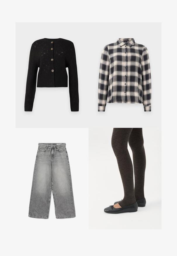 Sort cropped cardigan med et struktureret strikket mønster, der har en ribbet kant og fem runde brune knapper ned ad forsiden.; Langærmet ternet skjorte i navy, hvid og beige. Har standard krave, knaplukning fortil og blødt stof med ternet mønster.; Bredde ben grå denim jeans med en falmet finish, snoreliv og traditionelt fem-lomme design, der har synlige syninger.; Ben iført mørke ribbede leggings kombineret med sorte balletsko med små sløjfedetaljer på hvid baggrund.