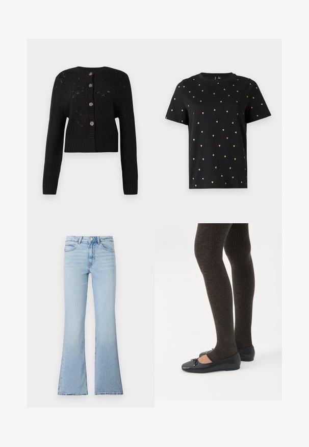 Zwarte cropped cardigan met een gestructureerd gebreid patroon, voorzien van een geribde onderkant en vijf ronde bruine knopen aan de voorkant.; Zwart T-shirt met korte mouwen van katoen, bezaaid met kleine gouden hartjespatronen die gelijkmatig over de stof verspreid zijn. Ronde halslijn.; Lichtblauwe uitlopende jeans van denim. Heeft een hoge taille, een traditionele vijf-pocketontwerp en een licht vervaagde textuur.; Benen met donkere geribbelde leggings gecombineerd met zwarte ballerina's met kleine strikdetails op een witte achtergrond.