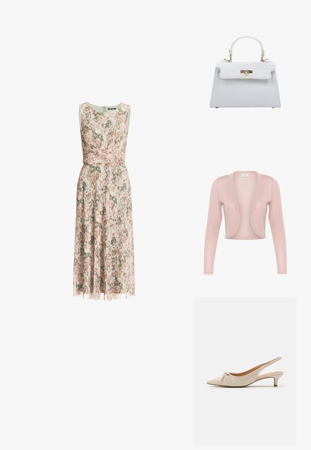 Cardigan rose, léger, avec des manches longues, à l'avant ouvert et une texture scintillante. Sans fermetures ; il présente un design lisse et fluide.; Robe midi sans manches avec motif floral rose et vert, encolure ronde, taille cintrée avec détail portefeuille et jupe fluide.; Escarpins slingback en cuir verni beige avec un bout pointu et un nœud décoratif sur le devant. Comprennent un talon bas et fin ainsi qu'une texture lisse.; ESTRO Sac à main - white