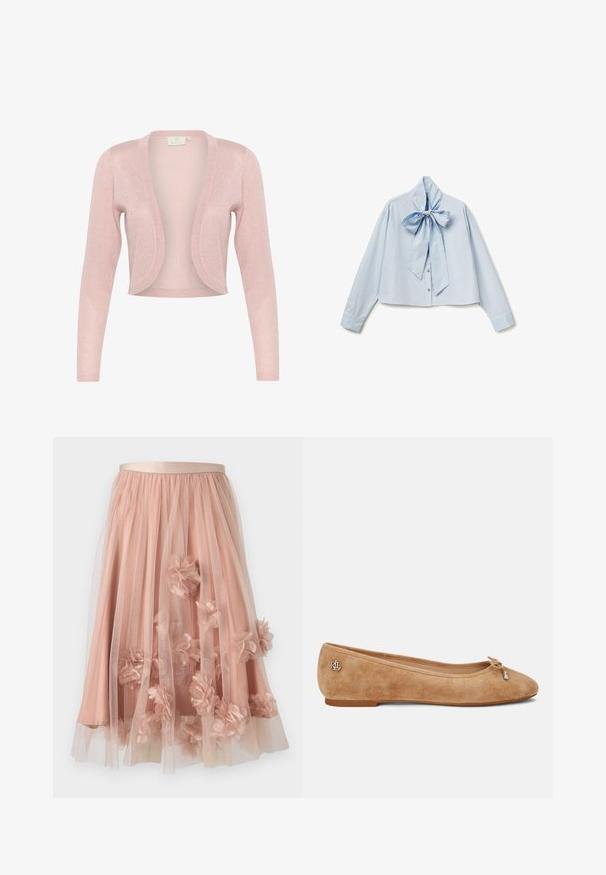 Cardigan rose, léger, avec des manches longues, à l'avant ouvert et une texture scintillante. Sans fermetures ; il présente un design lisse et fluide.; Blouse bleu clair à manches longues avec larges poignets et un grand nœud rayé noué à l'encolure, fermeture à boutons sur le devant.; Jupe en tulle rose pâle avec une ceinture en satin. Comprend plusieurs couches de tissu transparent et des appliqués floraux en trois dimensions sur toute la surface.; Ballet en daim beige avec un léger bout pointu, un accent en nœud sur le devant et un petit logo métallique sur le talon. Semelle plate.