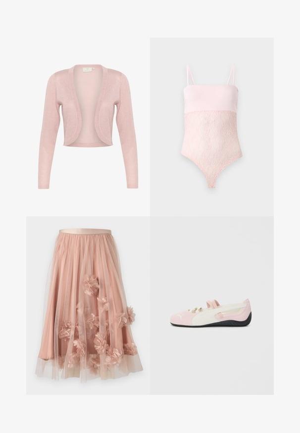 Roze, lichtgewicht cardigan met lange mouwen, open voorkant en een glinsterende textuur. Geen sluitingen; heeft een glad, vloeiend ontwerp.; Lichtroze kanten body met spaghettibandjes en een gladde bovenkant tegen een effen lichte achtergrond.; Tule rok in zachtroze met een satijnen tailleband. Voorzien van gelaagde doorschijnende stof en driedimensionale bloemapplicaties verspreid over het geheel.; Roze suede instapper met witte accenten, rubberen zool en elastische bandjes. Kenmerkt zich door een gestructureerd ontwerp en een klein logo aan de voorkant.
