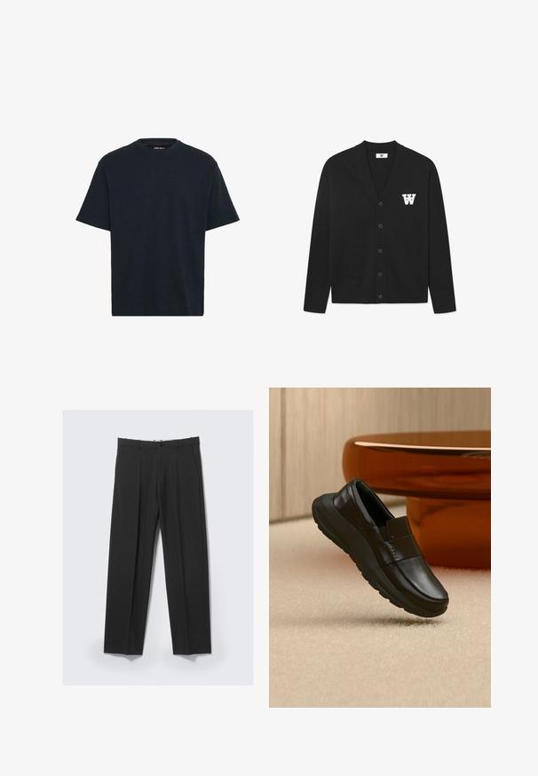 WOOD WOOD WWTAY CARDIGAN 25081 - Kardigan - black; Tumed sinine puuvillane t-särk, millel on ümar kaelus, lühikesed varrukad ja mugav lõige. Sujuv tekstuur, ilma nähtavate mustrite või aksessuaarideta.; Mustad kohandatud püksid esipleeides, küljetaskute, vööaasade ja nööpsulguriga vöökoha juures heledal taustal.; Mustast nahast loafers paksu tallaga, kuvatud beeži vaiba kohal ja lähedal ümmargusele merevaiguvärvilisele laua jalale.