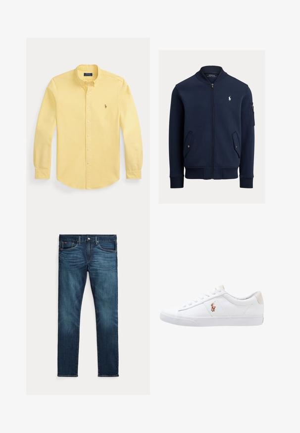 Marineblaue Bomberjacke mit Reißverschluss, geripptem Kragen, Bündchen und Saum, Pattentaschen mit Knöpfen, Reißverschlusstasche am Ärmel und weißem Polo Ralph Lauren-Logo auf der Brust.; Gelbes langärmliges Hemd mit Knöpfen und Kragen sowie kleinem besticktem Logo auf der linken Brust, flach auf weißem Hintergrund gelegt.; Dunkelblaue Slim-Fit-Jeans mit vorderem Knopf und Reißverschluss, fünf Taschen sowie dezenter Verfärbung an den vorderen Oberschenkeln und Knien.; Weiße Leinensneaker im Low-Top-Design mit einem beigen Ferseneinsatz und einem kleinen gestickten Logo an der Seite. Gummisohle.