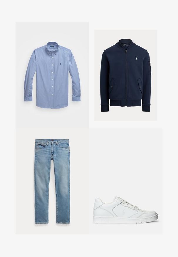 Marineblaue Bomberjacke mit Reißverschluss, geripptem Kragen, Bündchen und Saum, Pattentaschen mit Knöpfen, Reißverschlusstasche am Ärmel und weißem Polo Ralph Lauren-Logo auf der Brust.; Blau-weiß gestreifte Langarmbluse mit einem Button-Down-Kragen, weißen Knöpfen und einem kleinen Logo auf der linken Brust. Glatte Stoffstruktur.; Hellblaue Jeans mit geradem Bein, Vordertaschen und Knopfverschluss, flach auf weißem Hintergrund ausgebreitet.; Weißer Ledersneaker mit glatter Textur, ausgestattet mit einer perforierten Zehenpartie, Schnürverschluss und gesticktem Logo an der Seite. Weiße Gummisohle.