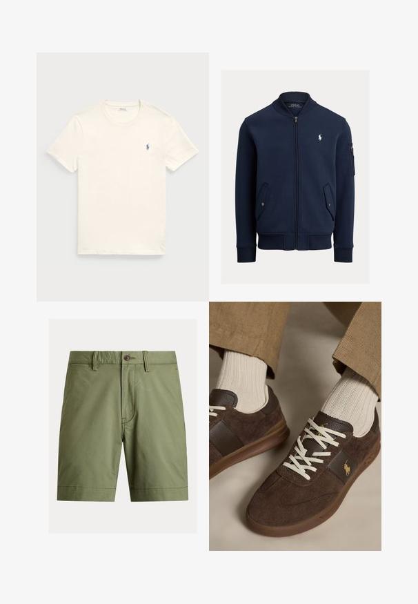 Mørkeblå bomberjakke med lynlås, ribstrikket krave, manchetter, kant, lommer med klapper og knapper, ærmelomme med lynlås samt hvid Polo Ralph Lauren-logo på brystet.; Kræmfærdig bomulds t-shirt i kremfarve med rund hals og korte ærmer. Har et lille blåt broderet logo på venstre bryst.; Olivengrønne shorts lavet af bomuldsblanding, med knaplukning, bæltestropper og lige snit med kantede kanter.; Brune ruskindssneakers med hvide snørebånd båret med beige ribstrikkede sokker og lysebrune bukser.