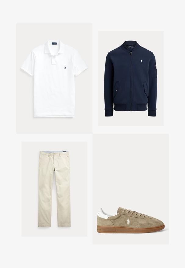 Tumesinine lukuga bomber-tüüpi jakk soonikkoelise krae, varrukate ja alumise äärega, klapiga taskud nuppudega, varruka luku tasku ja valge Polo Ralph Laureni logoga rinnal.; Valge lühikeste varrukatega polosärk, krae, kahe nupuga plastron ja väike tumesinine logo vasakul rinnal.; Beežid sirge säärega puuvillased püksid vööaasade, eesnupu, luku ja küljetaskutega.; Madala säärega beežid seemisnahast tossud pruunide tallade, valge kandade detaili, paelte ja valge poolomängija logoga tikandiga küljel.