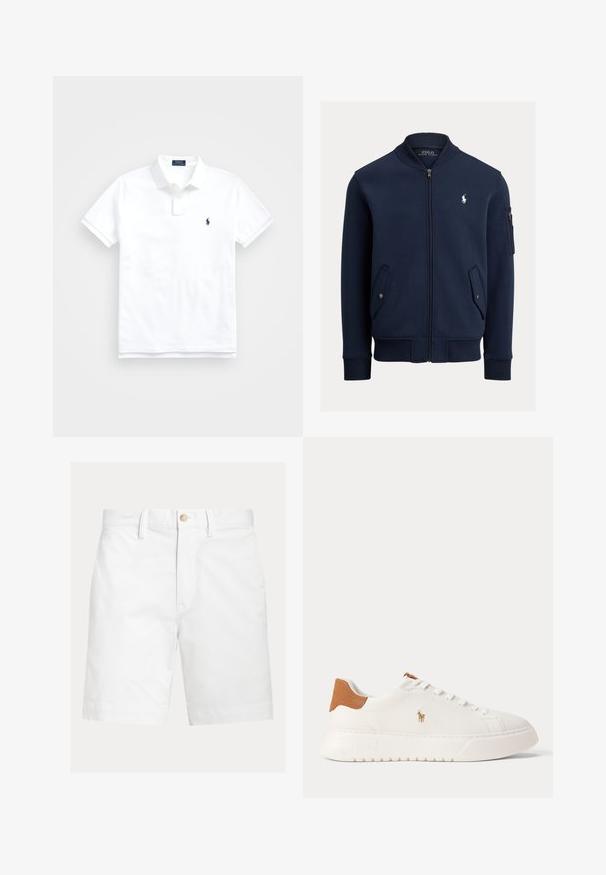 Marineblaue Bomberjacke mit Reißverschluss, geripptem Kragen, Bündchen und Saum, Pattentaschen mit Knöpfen, Reißverschlusstasche am Ärmel und weißem Polo Ralph Lauren-Logo auf der Brust.; Weißes Poloshirt mit kurzen Ärmeln, Kragen, zwei Knöpfen und kleinem dunkelblau besticktem Logo auf der linken Brust.; Weiße kniehohe Shorts mit Gürtelschlaufen und braunem Knopfverschluss an der Taille, auf schlichtem Hintergrund dargestellt.; Weißer Sneaker mit niedrigem Schaft, beige Fersenlasche, weißen Schnürsenkeln und kleinem, besticktem Polospieler-Logo an der Seite über einer dicken Sohle.