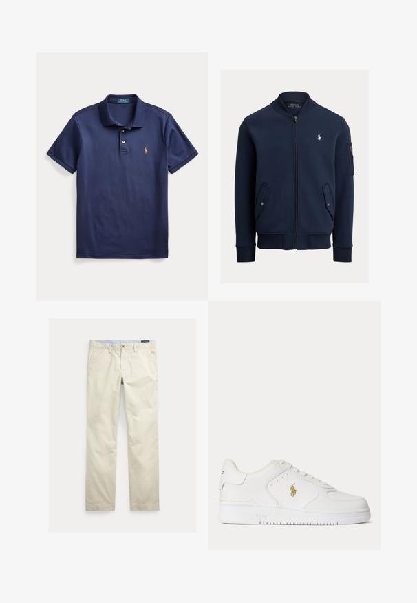 Marineblaue Bomberjacke mit Reißverschluss, geripptem Kragen, Bündchen und Saum, Pattentaschen mit Knöpfen, Reißverschlusstasche am Ärmel und weißem Polo Ralph Lauren-Logo auf der Brust.; Marineblaues Polohemd mit kurzen Ärmeln, zwei Knöpfen und kleinem besticktem Logo auf der linken Brust.; Beige Baumwollhosen mit geradem Bein, Gürtelschlaufen, vorderem Knopf, Reißverschluss und Seitentaschen.; Weißer Leder-Sneaker mit niedrigem Schnitt, weißen Schnürsenkeln und einem goldfarbenen Polo Ralph Lauren-Logo an der Seite sowie "Polo" auf der Sohle geprägt.