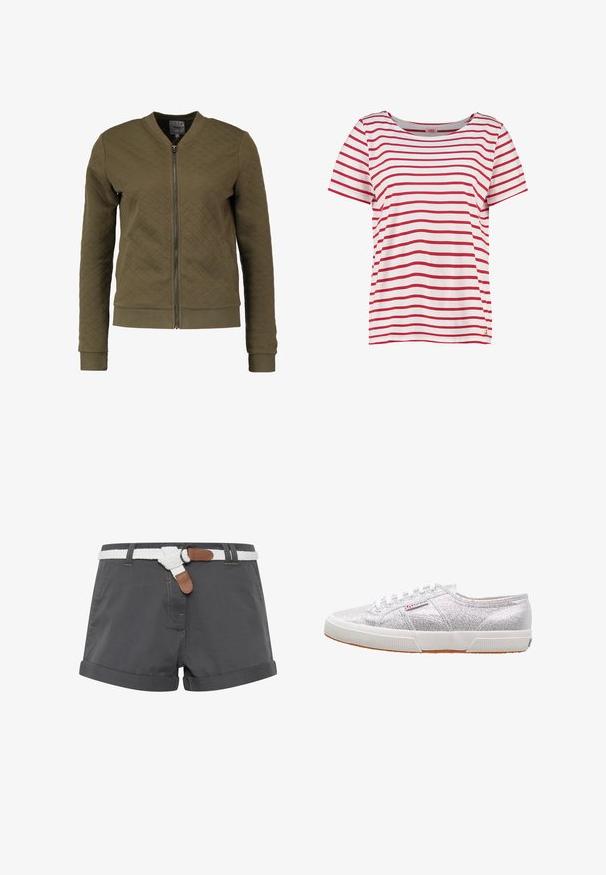 ONLY ONLJOYCE L/S BOMBER SWT NOOS - Sweatjakke - kalamata; Rød og hvid stribet t-shirt, korte ærmer, rund halsudskæring, lavet af blødt bomuld, med en lille gylden ankerdetalje på kanten.; Grå bomuldsshorts med opkrøllede kanter, prydet med et hvidt flettet bælte og brune læderdetaljer. Syningerne er synlige på stoffet.; Sølvglitrende sneakers med hvid gummisål, der har rund tå, snørebåndsdesign og et logo-patch på siden.