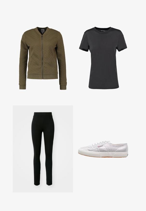 ONLY ONLJOYCE L/S BOMBER SWT NOOS - Sweater met rits - kalamata; Zwarte korte mouwen t-shirt gemaakt van een gladde stof. Heeft een ronde hals zonder zichtbare patronen of accenten, wat zorgt voor een eenvoudig ontwerp.; Zwarte leggings van rekbaar materiaal, met een hoge taille, slim fit en twee voorzakken zonder zichtbare naden.; Zilveren glitter sneakers met een witte rubberen zool, voorzien van een ronde neus, vetersluiting en een logo-patch aan de zijkant.