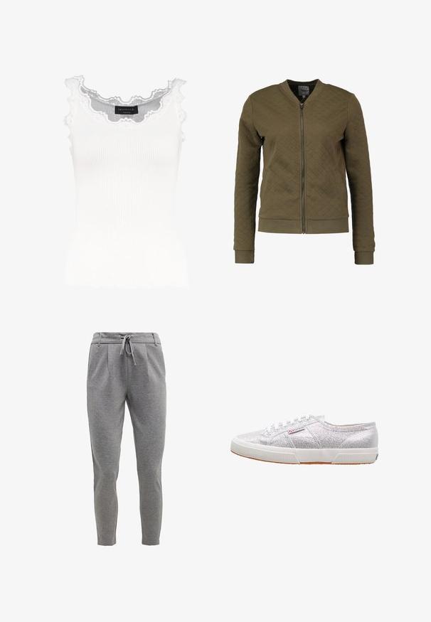 ONLY ONLJOYCE L/S BOMBER SWT NOOS - Sweat zippé - kalamata; Débardeur blanc à côtes avec dentelle au niveau de l'encolure et des manches. Présente une texture douce et une coupe ajustée. Étiquette de la marque visible à l'intérieur.; Pantalons de survêtement gris en tissu doux, dotés d'une taille avec cordon de serrage, de jambes fuselées et de poches latérales. Texture lisse avec un léger motif chiné.; Baskets à paillettes argentées avec une semelle en caoutchouc blanche, présentant un bout arrondi, un design à lacets, et une étiquette logo sur le côté.