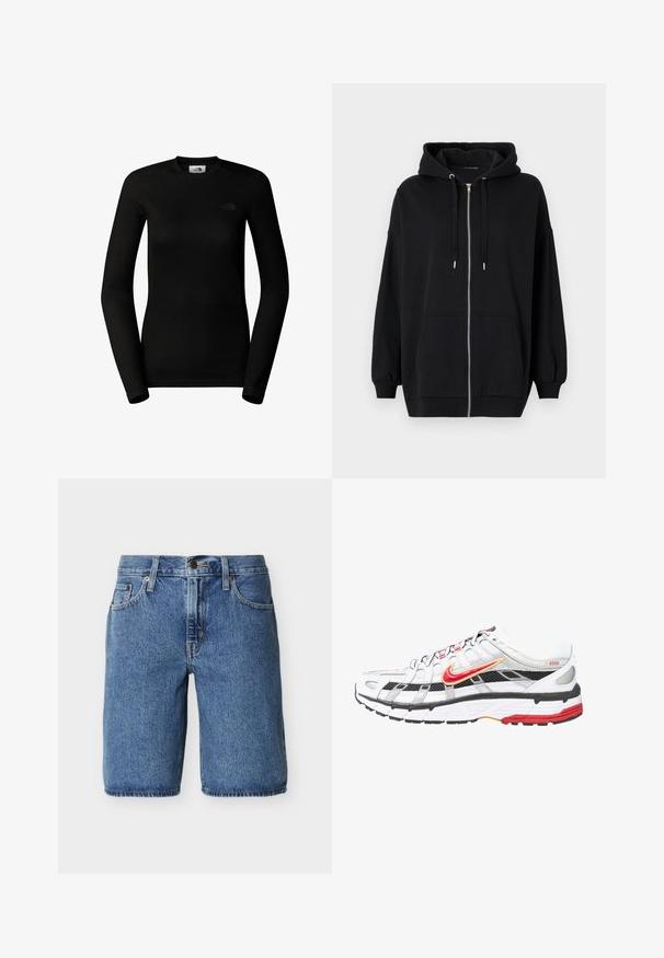 Sort zip-up hættetrøje lavet af blød stof, med snoretræk i hætten, to forlommer og ribbede manchetter for en afslappet pasform.; The North Face W EASY L/S CREW NECK - Langærmet T-shirt - tnf black; Blå denim-knee-length shorts med frontknap og lynlås, forlommer og bæltestropper på en ensartet lys baggrund.; Hvide og sorte atletiske sko med røde og gyldne accenter. Har en mesh-overdel, polstret sål og et sikkert snøredesign.