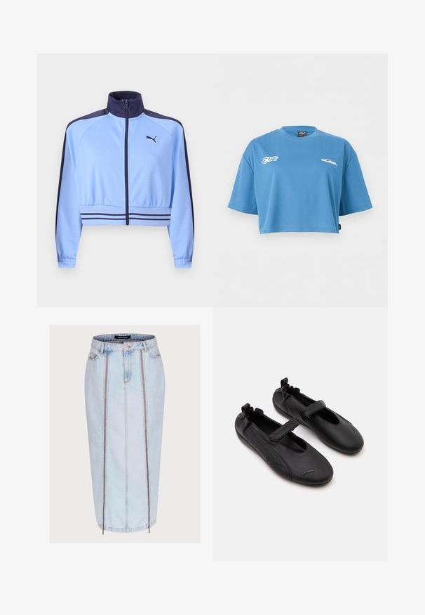 Lichtblauw cropped trainingsjack met marineblauwe kraag, schouderstrepen, taillebandstrepen, ritssluiting aan de voorkant en een Puma-logo op de borst.; Blauw cropped sportshirt met korte mouwen, ronde hals en kleine witte vlam- en vleugel-logo's op de voorkant van de borst.; Lichtblauwe denim rok met een getailleerd ontwerp, voorzien van twee voorzakken met rits, details in de centrale naad en een lengte tot halverwege het kuit.; Paar zwarte leren Mary Jane schoenen met elastische achterkant en klittenbandsluiting, met een subtiel Puma-logo op elke teen.