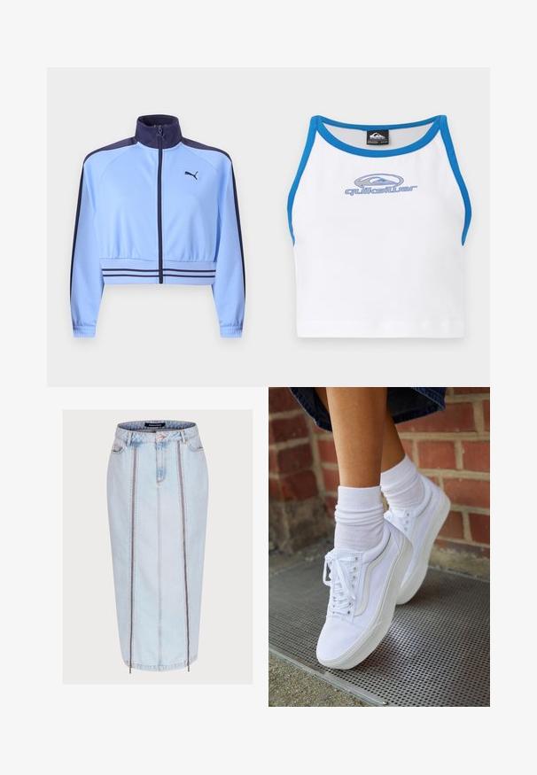 Hellblaues, kurz geschnittenes Trainingsjacke mit marineblauem Kragen, Schulterstreifen, Bündchenstreifen, Reißverschluss vorne und Puma-Logo auf der Brust.; Weißes Crop-Top mit blauen Akzenten und einem runden Halsausschnitt. Auf der Vorderseite befindet sich ein blauer Quiksilver-Logo. Hergestellt aus einem glatten, leichten Material.; Hellblauer Jeansrock mit taillierter Passform, ausgestattet mit zwei vorderen Reißverschlusstaschen, mittigen Nahtdetails und einer Länge bis zur Mitte der Wade.; Weiße Leinensneaker mit Gummisohlen, ausgestattet mit sechs Ösen, runder Zehenpartie und dezenten Nähten, kombiniert mit weißen Knöchelsocken.