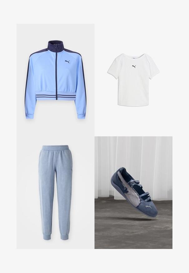 Chaqueta deportiva corta de color azul claro con cuello, rayas en los hombros y en la cintura de color azul marino, cremallera frontal y logotipo de Puma en el pecho.; Camiseta blanca acanalada de manga corta con escote redondo y un pequeño logo negro de Puma en el centro del pecho.; Pantalones de chándal azules hechos de una tela suave con una cintura y puños elásticos; presentan una sutil textura y un pequeño logo en un lado.; Zapato plano Puma azul y gris con tres tiras elásticas, panel lateral texturizado y logo blanco de Puma, suspendido sobre un suelo de hormigón.