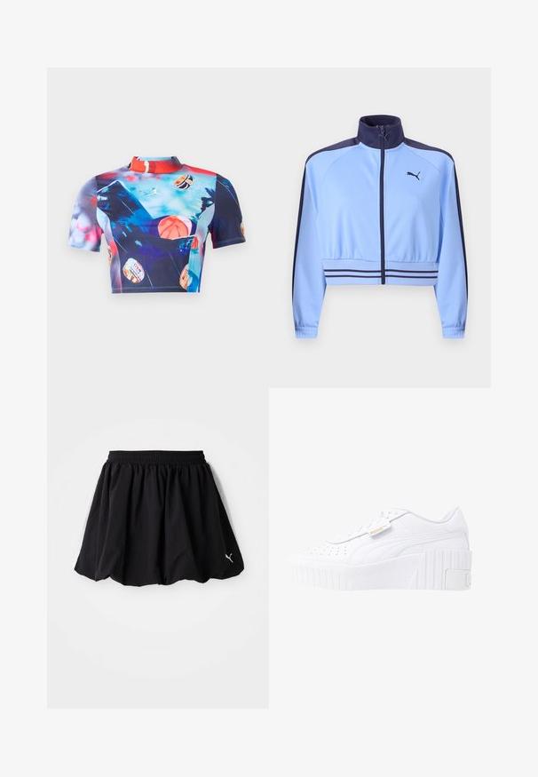 Lichtblauw cropped trainingsjack met marineblauwe kraag, schouderstrepen, taillebandstrepen, ritssluiting aan de voorkant en een Puma-logo op de borst.; Korte mouw cropped top van rekbare, gladde stof met een levendige meerkleurige print met basketbalmotieven en een ontwerp met hoge kraag.; Zwarte sportrok met een elastische tailleband, voorzien van zijpanelen in het wit en een klein logo op de zoom. Gemaakt van lichtgewicht stof.; Witte leren plateau sneakers met een gestructureerde rubberen outsole, geperforeerde bovenkant voor ademend vermogen, en een gouden logo detail aan de zijkant.