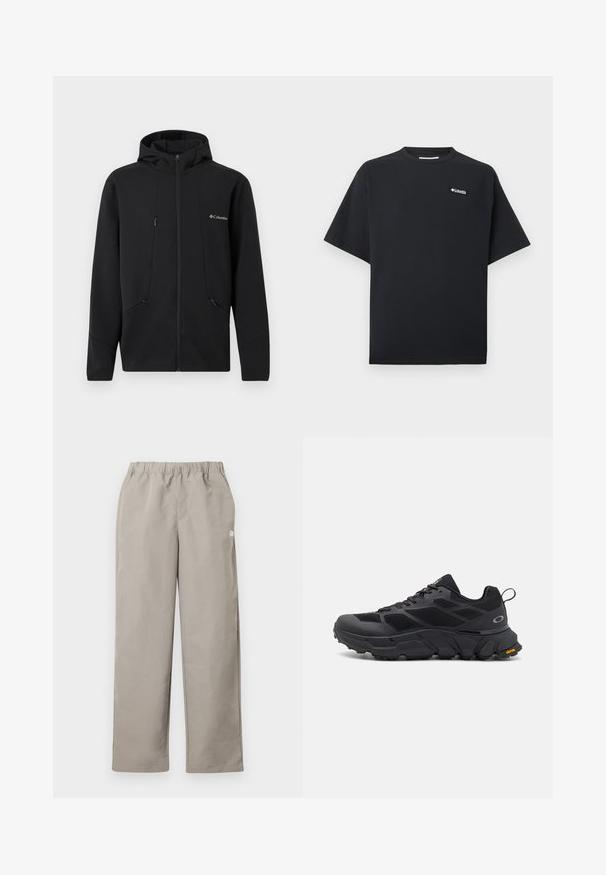Sudadera con capucha negra de cremallera completa con el logo de Columbia en el pecho, bolsillos delanteros con cremallera y capucha ajustable sobre un fondo liso.; Camiseta negra de manga corta con pequeño logo blanco de Columbia en la parte superior izquierda del pecho, cuello redondo y corte holgado.; Pantalones beige de corte recto con cinturilla elástica y un pequeño logo blanco en la costura lateral derecha.; Zapatos deportivos negros con una suela gruesa, parte superior de malla y sintético, acentos texturizados y marca Vibram en la suela exterior.