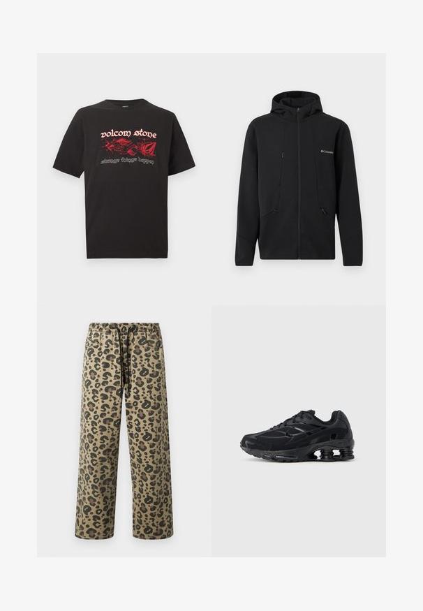 Sweat à capuche noir à fermeture éclair complète avec logo Columbia sur la poitrine, poches zippées à l'avant et capuche réglable sur un fond uni.; T-shirt noir à coupe ample avec des graphismes abstraits de flammes rouges et le texte « volcom stone » et « strange things happen » sur le devant.; Pantalon imprimé léopard en couleurs beige et marron, avec taille élastique à cordon, poches latérales et coupe décontractée.; Chaussure de sport noire avec une tige en mesh, un col rembourré et une technologie d'amorti proéminente au talon. Caractérisée par des accents texturés et des lacets.