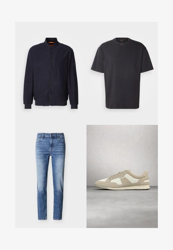 Veste bomber zippée bleu marine foncé avec col, poignets et ourlet côtelés, arborant un petit logo brodé sur la manche gauche.; T-shirt noir à manches courtes en coton, avec un col rond et un logo discret au niveau du col. Texture lisse avec une coupe décontractée.; Jean en denim bleu clair avec une coupe droite, des détails délavés, cinq poches, une fermeture à bouton en métal et des passants pour ceinture.; Baskets décontractées beige et blanches avec lacets, panneaux en daim et en cuir, flottant au-dessus d'un sol en béton poli près de blocs de verre.