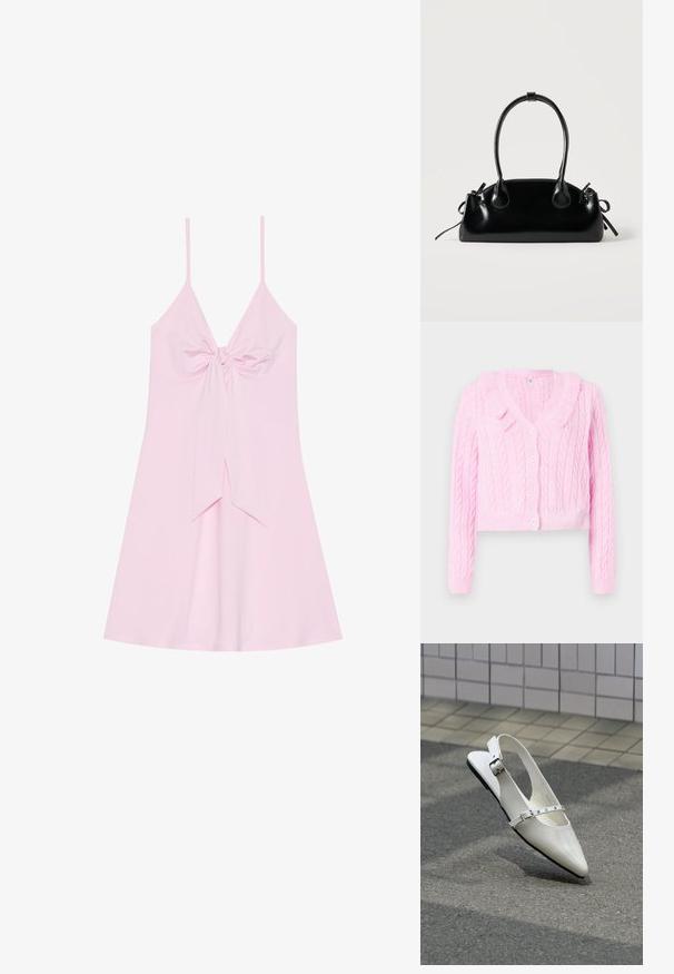 Rosa kabelstrikket cardigan med krave, cropped design og knaplukning. Har ribbede manchetter og kant for ekstra tekstur.; Lyserød ærmeløs kjole med detaljeret forknude og flagrende skørt. Fremstillet af blødt stof med en glat tekstur. Justerbare tynde stropper.; Hvid spids slingback flad sko med to sølvspænder, vist udendørs på tekstureret underlag og flisebelagt væg baggrund.; Lille sort blank håndtaske med to lange håndtag og snøre-detaljer i siden på en ensfarvet lys baggrund.