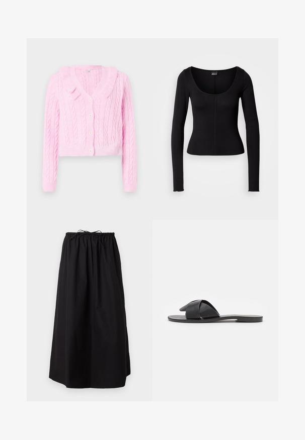 Rosa kabelstrikket cardigan med krave, cropped design og knaplukning. Har ribbede manchetter og kant for ekstra tekstur.; Sort langærmet top med rund halsudskæring, tætsiddende pasform og lodrette syninger i midten. Fremstillet af et glat stof.; Sort ankel-lang nederdel med elastisk taljebånd og knyttet snøre.; Sort slip-on sandaler med krydsede stropper. Fremstillet af glat læder med en flad sål og minimal syning. Enkel, åben tå design.