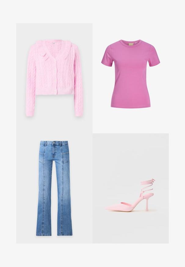 Cárdigan de punto en color rosa, con cuello, diseño corto y cierre de botones. Presenta puños y dobladillo acanalados para añadir textura.; Camiseta rosa de manga corta con cuello redondo ajustado, tela suave y detalles sutiles de costura.; Vaqueros de mezclilla azul claro con tiro alto, botón delantero, cremallera, detalles en las costuras y piernas ligeramente acampanadas sobre un fondo liso.; Zapatos de tacón alto rosas con punta afilada, acabado satinado y tira en el tobillo con detalles entrecruzados. Silueta elegante y tacón fino.