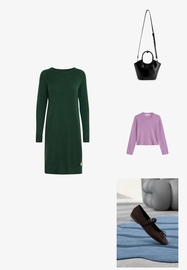 Lila lange mouwen cropped cardigan met ronde hals, fijne gebreide textuur en vijf bijpassende knopen aan de voorkant.; Groene gebreide jurk met lange mouwen, ronde halslijn en geribde manchetten. Voorzien van een klein logo-label nabij de zoom.; Donkerbruine Mary Jane platte schoen met gesp en strikdetail, rustend op een golvend blauw gestructureerd tapijt en een grijze gestoffeerde bank op de achtergrond.; Zwarte leren handtas met een gestructureerde vorm, voorzien van een bovenste ronde handgreep en een afneembare schouderriem voor veelzijdige draagopties.