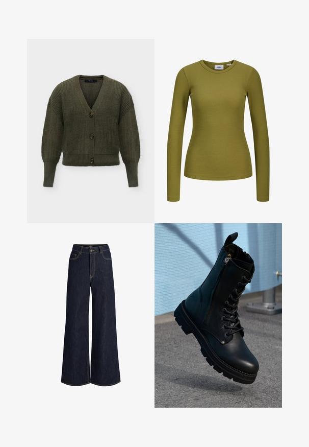 Stevige donkergroene gebreide cardigan met knopen, lange mouwen en V-hals op een effen achtergrond.; Langemouw, olijfgroene geribbelde shirt met ronde hals en aansluitende pasvorm, weergegeven op een witte achtergrond.; Donkerblauwe denim jeans met wijde pijpen, voor knopen en rits, voor- en muntenzakjes en zichtbare contrasterende stiksels.; Zwarte leren enkellaarsjes met een vetersluiting, zijrits, een gestructureerde afwerking en een robuuste zool met opvallende noppen.