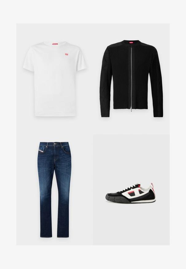 Chaqueta negra con cremallera frontal, que presenta una textura de canalé vertical y un escote redondo. Tejido suave con mangas largas y una silueta ajustada.; Camiseta blanca de algodón con mangas cortas y escote en V. Presenta un pequeño logo rojo de Diesel en el lado izquierdo del pecho. Textura suave, ajuste estándar.; Jeans de mezclilla azul oscuro con corte recto, diseño de cinco bolsillos, sutil desgaste y costuras en contraste a lo largo de las costuras.; Diesel S PAGODHA LOW - Zapatillas - black