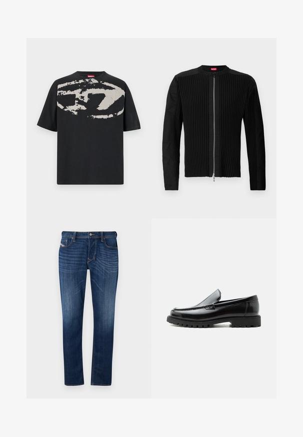 Chaqueta negra con cremallera frontal, que presenta una textura de canalé vertical y un escote redondo. Tejido suave con mangas largas y una silueta ajustada.; Camiseta negra con un gran gráfico abstracto en gris claro en la parte frontal. Mangas cortas y un cuello redondeado clásico. Material de algodón.; Vaqueros de mezclilla de color azul oscuro con corte recto, cuentan con un diseño de cinco bolsillos, costuras visibles y un cierre de botón de metal en la cintura.; Mocasín de cuero negro con suela de goma gruesa, empeine cosido y nombre de la marca en relieve en el talón, mostrado en perfil lateral sobre fondo blanco.