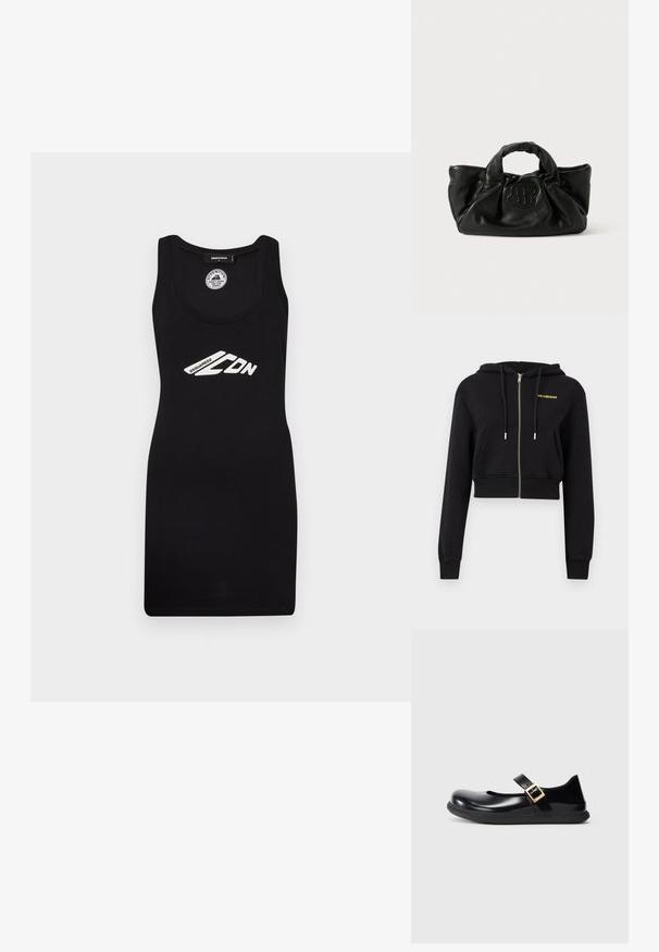 Sweat à capuche noir court avec fermeture éclair, poches avant, cordons de serrage et petit texte jaune « HAN KJØBENHAVN » sur le côté gauche de la poitrine.; Robe débardeur noire en tissu jersey, avec un décolleté rond et une coupe qui met en valeur la silhouette, ornée d'un logo graphique imprimé en blanc.; Chaussure Mary Jane en cuir verni noir avec un orteil arrondi, une seule bride avec une boucle dorée et une semelle en caoutchouc noir texturé.; Sac à main en cuir noir avec un design doux et plissé. Présente un logo texturé à l'avant et deux poignées robustes pour le transport.