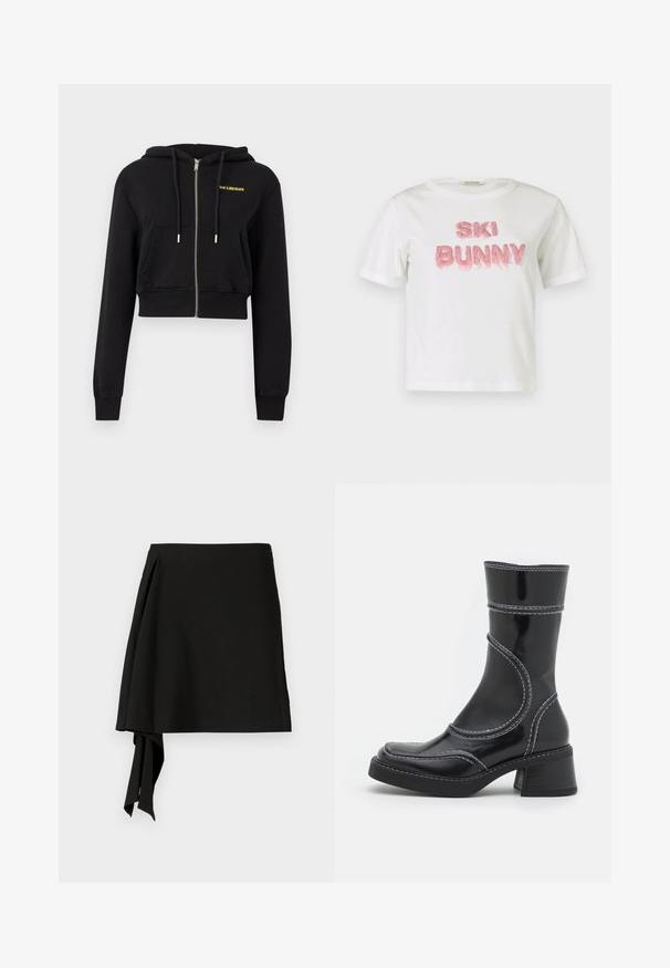 Sort cropped hættetrøje med lynlås, forlommer, snore og lille gul "HAN KJØBENHAVN" tekst på venstre bryst.; Hvid bomulds-t-shirt med "SKI BUNNY" i hævet pink plys-tekst. Kortærmet og med rund hals.; Sort nederdel med et strømlinet design, der har en bindedetalje i siden, glat tekstur og en draperet silhuet. Fremstillet af letvægtsstof.; Sort patenteret læder ankelstøvle med hvid stikning, rund tå og blokhæl. Har buede designlinjer og en glat tekstur.