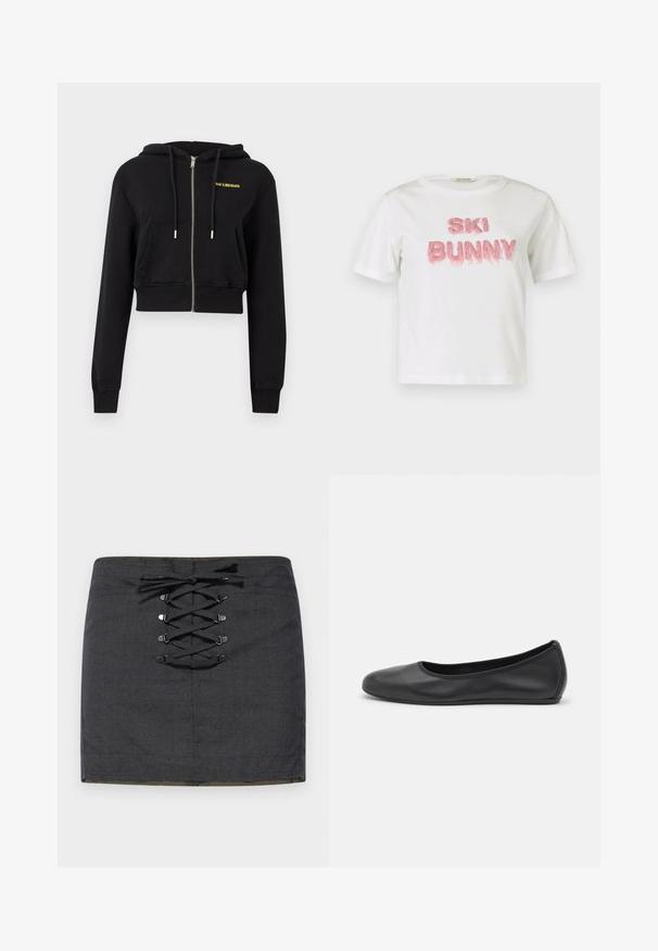 Sweat à capuche noir court avec fermeture éclair, poches avant, cordons de serrage et petit texte jaune « HAN KJØBENHAVN » sur le côté gauche de la poitrine.; T-shirt en coton blanc avec l'inscription « SKI BUNNY » en lettres en fausse fourrure rose en relief. Manches courtes et col rond.; Mini-jupe gris foncé avec un détail de laçage à l'avant et des accessoires métalliques. Texture lisse, silhouette ajustée et taille mi-haute.; Ballerines en cuir noir avec un bout rond, texture lisse, détails de couture minimalistes et design de semelle flexible.