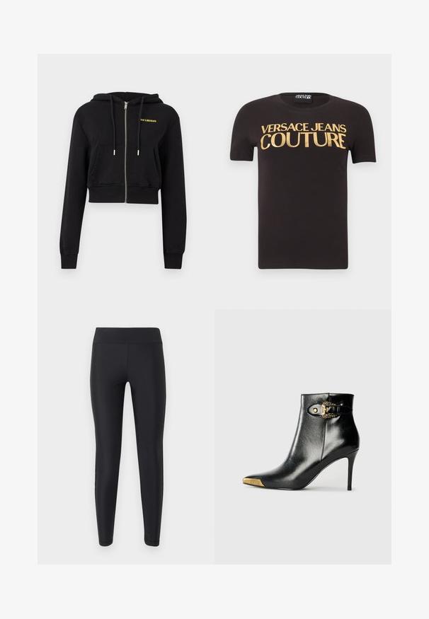 Sudadera negra recortada con cremallera, bolsillos delanteros, cordones y pequeño texto amarillo "HAN KJØBENHAVN" en el pecho izquierdo.; Camiseta negra de manga corta con "Versace Jeans Couture" en grandes letras doradas en el pecho, cuello redondo y etiqueta de tela en el interior.; Leggings negros ajustados de talle alto con una textura suave, diseño de pierna recta y sin patrones ni adornos visibles.; Botín negro hasta el tobillo fabricado en cuero brillante, con punta puntiaguda, tacón de aguja y detalles dorados con una hebilla decorativa.